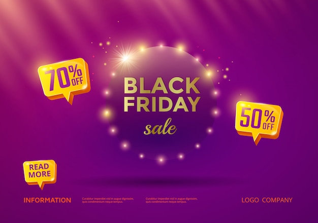 Black friday sale banner with purple background and gold text. Premium Vector