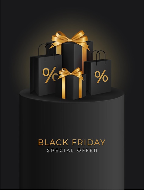 Premium Vector Black Friday Super Sale Realistic Black Gifts Boxes And Shopping Bag On Black Podium