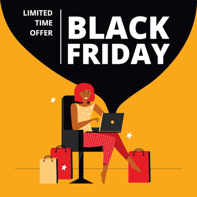 Premium Vector Black Friday Super Sale With Discount For Social Media Happy Woman Makes Purchases At An Online Sale Using A Laptop From Home