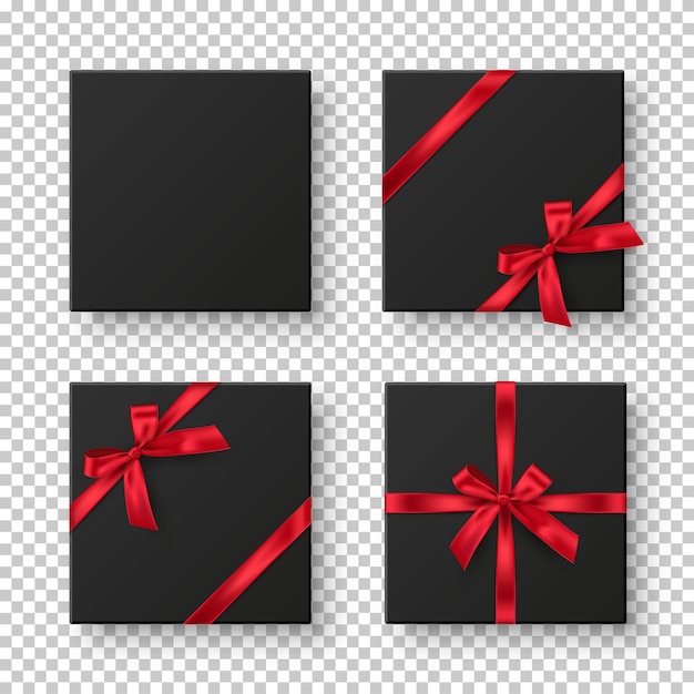 Premium Vector | Black Gift Boxes With Red Ribbons And Bows Set.