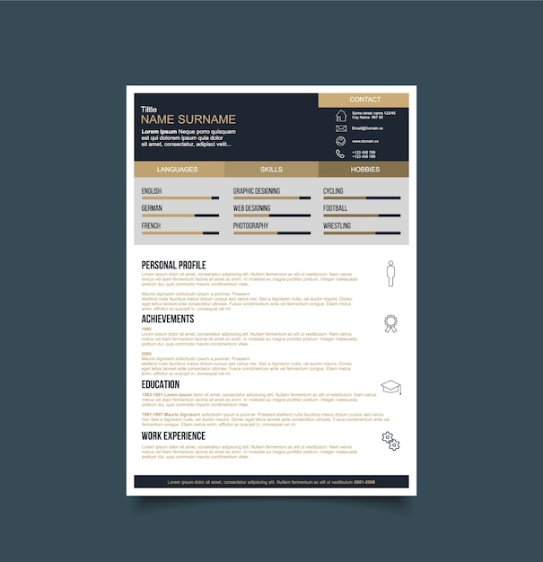 Black and gold resume template Free Vector