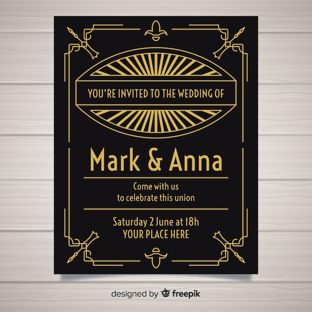Black and golden art deco wedding invitation template