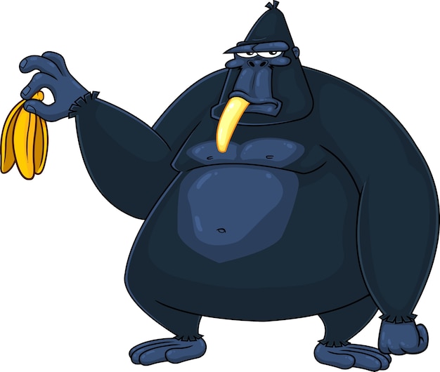 黒ゴリラの漫画のキャラクターがバナナを持っています 白い背景で隔離の図 プレミアムベクター