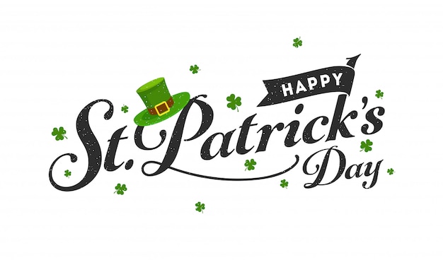 Black happy st. patrick's day font with leprechaun hat and shamrock ...