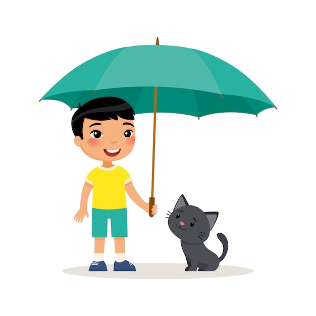 黒い子猫と傘を持つかわいいアジアの男の子 プレミアムベクター