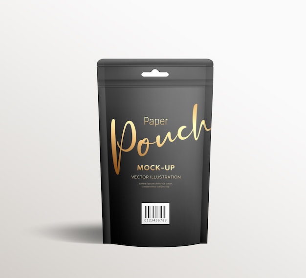 Download Premium Vector Black Kraft Paper Pouch Bags Front View Packaging Mock Up Template Design On Gray Background