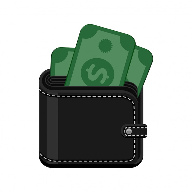 Download Black leather stitched wallet with cash money. icon ...