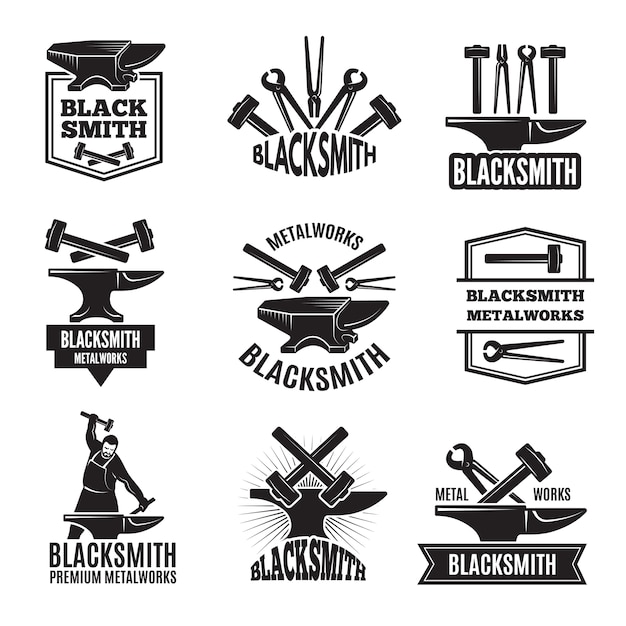 Premium Vector Black Logos For Blacksmith Vintage Labels Set For