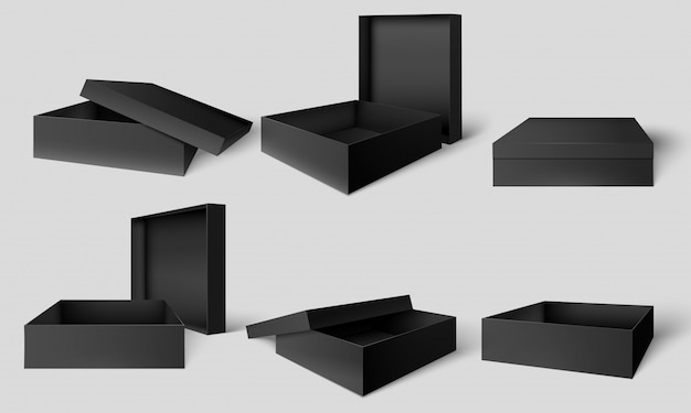 黒の梱包箱 オープンとクローズの暗いボックス 段ボールパッケージのモックアップテンプレートベクトルイラストセット プレミアムベクター