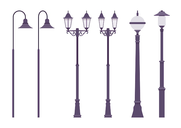 黒のレトロな街灯 古典的な街灯柱 安全な歩行のための背の高い街灯柱照明道路 造園 照明システム 都市デザイン スタイル漫画イラスト プレミアムベクター