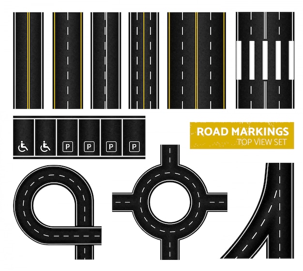 異なるマーキング白と黄色のイラストで設定された黒い道路標示トップビューアイコン 無料のベクター