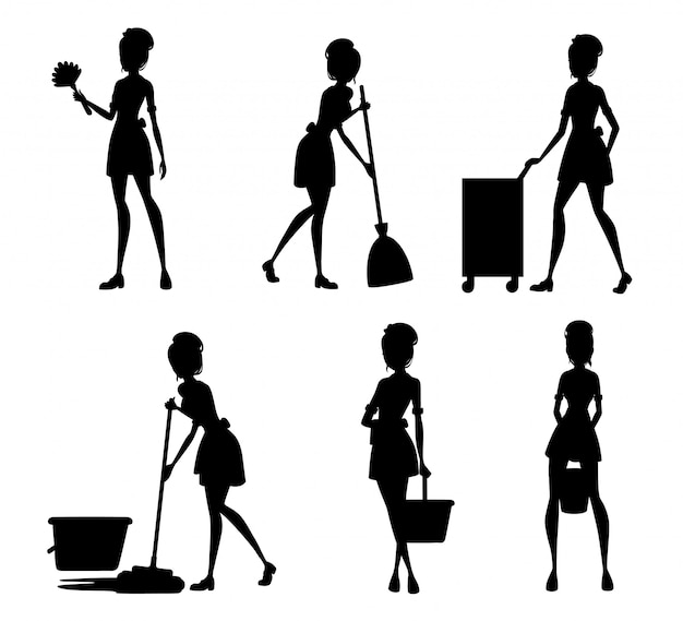 黒いシルエット フランスの衣装のメイドのコレクション ホテルのスタッフはサービス業務の遂行に従事しました モップで床を掃除する女中 白い背景の上の図 プレミアムベクター