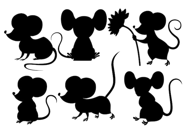 黒のシルエット かわいい 漫画のマウスセット 面白い小さな灰色のマウスコレクション 感情の小さな動物 漫画の動物のキャラクターデザイン 白い背景で隔離のフラットイラスト プレミアムベクター