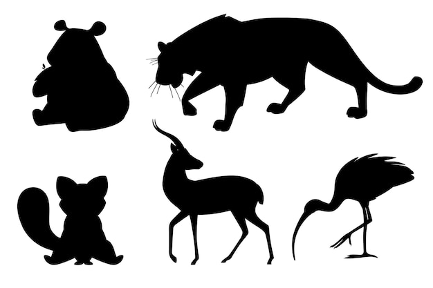 さまざまな動物の黒いシルエットセット漫画デザインフラットベクトルイラスト白い背景で隔離かわいい野生動物 プレミアムベクター