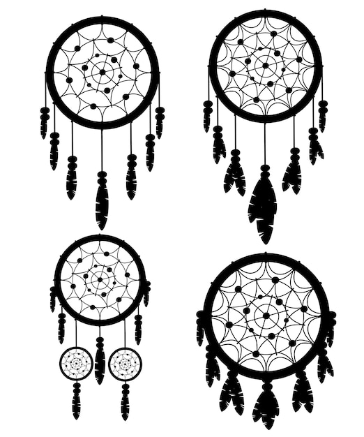 黒いシルエット ドリームキャッチャーネイティブアメリカンインディアンのお守り4個セット 部族 羽つきの魔法のアイテム おしゃれなタリスマン 白い背景の上の図 プレミアムベクター