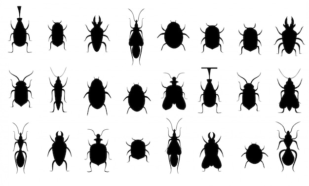 黒いシルエット バグのコレクション 虫シルエットセット 白い背景のイラスト ウェブサイトページとモバイルアプリ プレミアムベクター