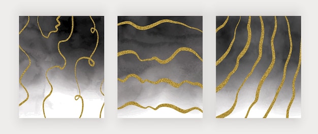 金色のキラキラフリーハンドラインと黒の水彩テクスチャ プレミアムベクター