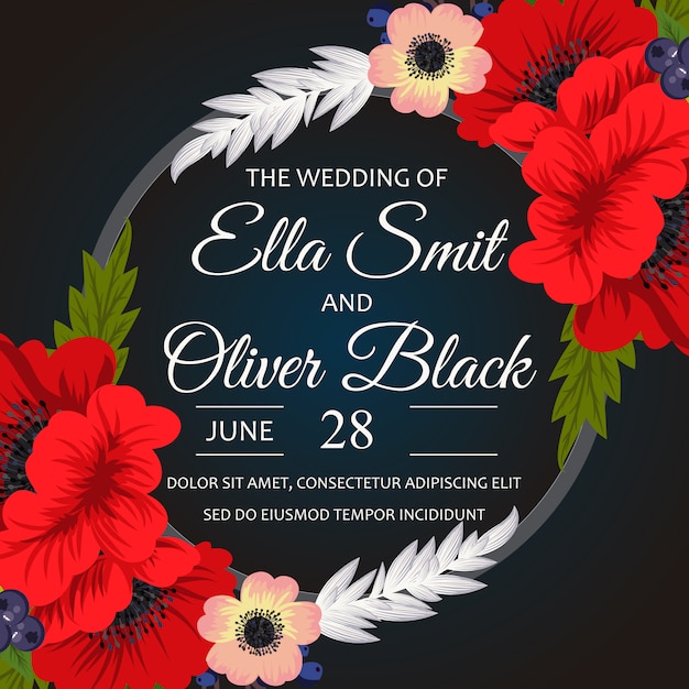 Free Vector Black Wedding Card With Red Flowers