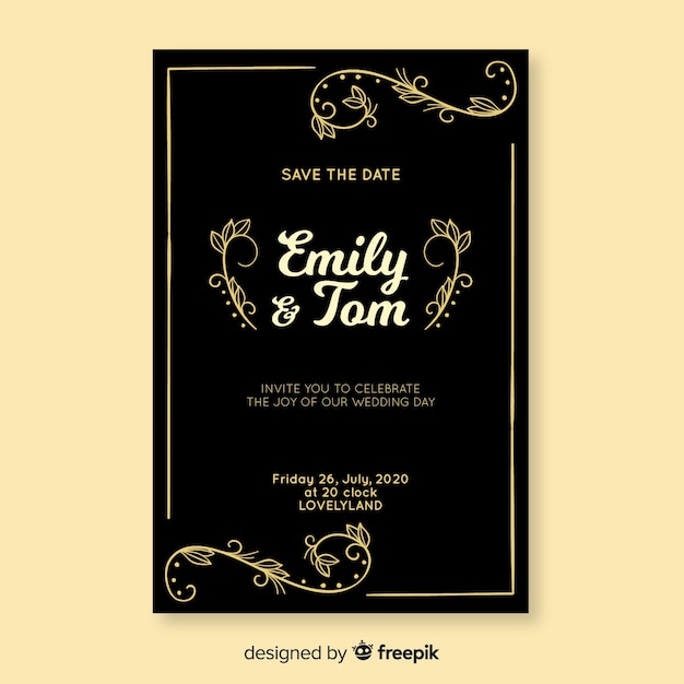 Black wedding invitation with retro template Vector Free Download