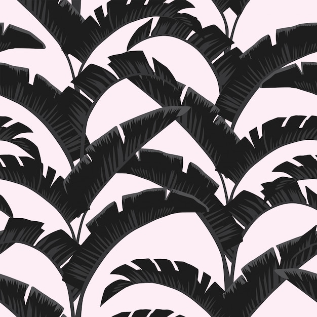 Premium Vector | Black white banana leaves light rose seamless pattern