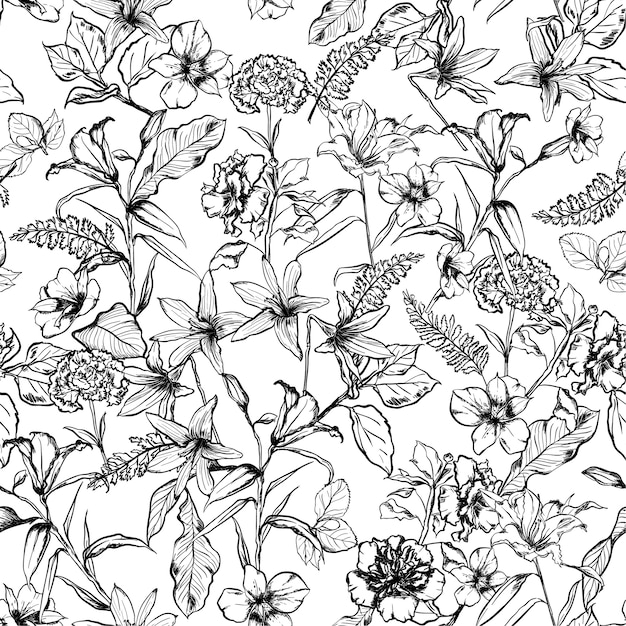Premium Vector | Black and white botanical flowers pattern