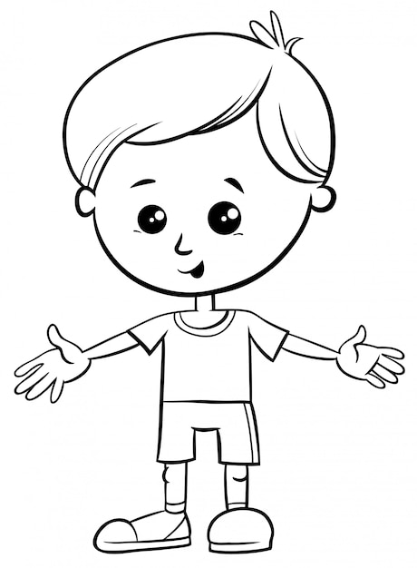Black and white cartoon illustration of cute little boy