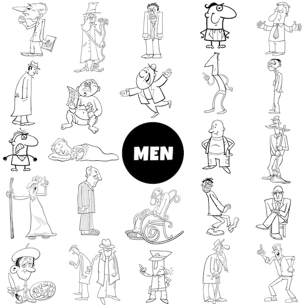 Premium Vector | Black and white cartoon men characters big collection