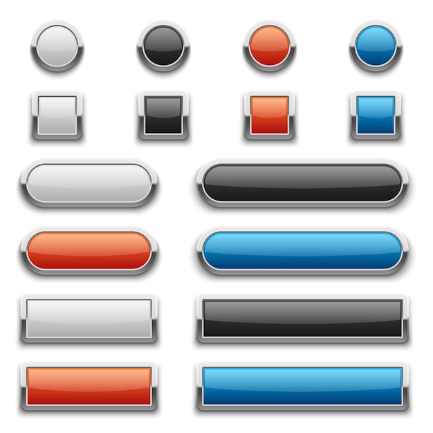Black and white glossy buttons with shiny metal frame Premium Vector