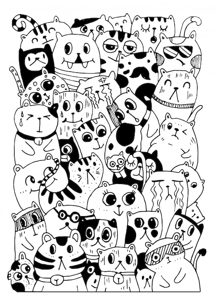 Premium Vector | Black and white hand draw, cat characters style doodles