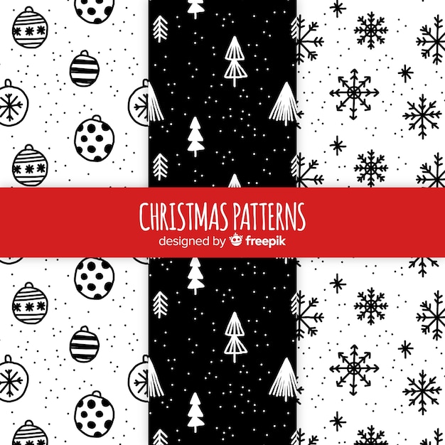 Black and white hand drawn christmas pattern collection Free Vector