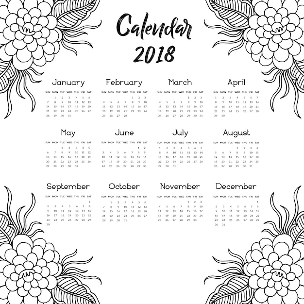 Free Vector | Black and white hand drawn floral annual calendar 2018