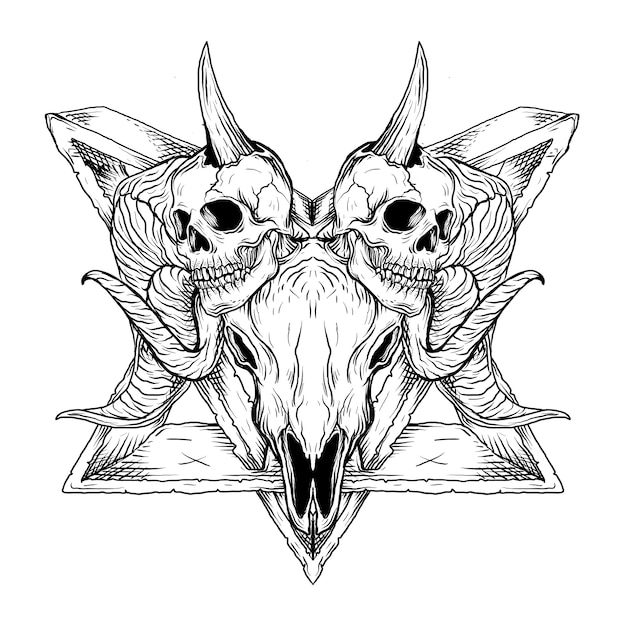 Premium Vector Black And White Hand Drawn Illustration Skull Baphomet Satanism