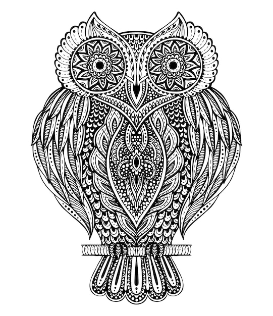 Premium Vector | Black and white hand drawn ornate owl