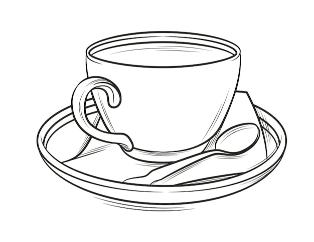 Premium Vector Black And White Illustration Of A Coffee Cup With Plate And Spoon