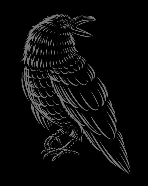 Premium Vector | Black and white ilustration of raven on the dark ...