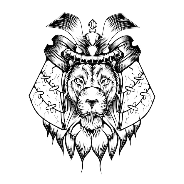 Premium Vector | Black and white lion illustration on a samurai theme