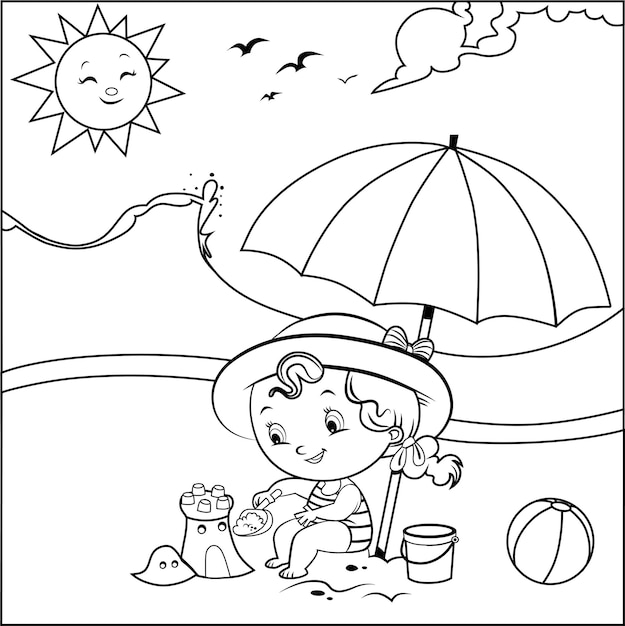 Premium Vector | Black and white little girl builds a sand castle on ...