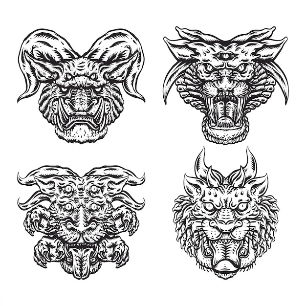 Premium Vector | Black and white monster face illustration