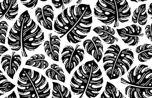 Premium Vector Black And White Monstera Tropical Leaf Pattern