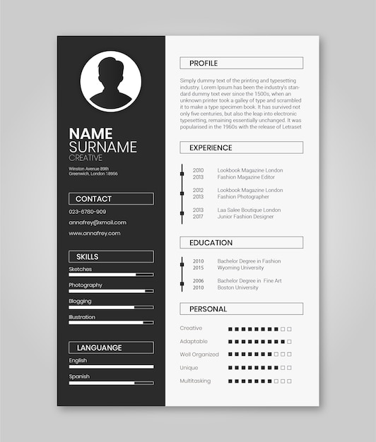 Premium Vector Black and white resume template minimalist