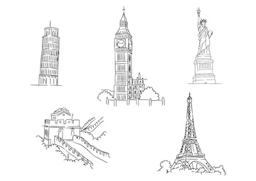 Premium Vector | Black and white sketch set of famous world landmarks ...