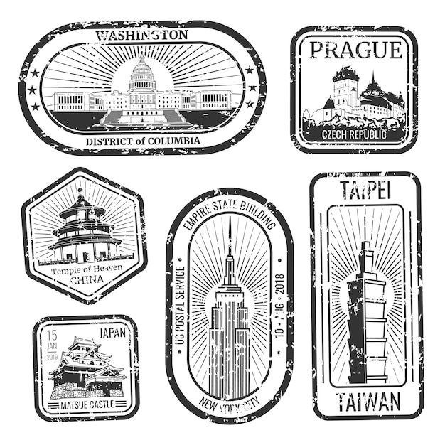 Download Free Black And White Vintage Travel Stamps With Major Monuments And Use our free logo maker to create a logo and build your brand. Put your logo on business cards, promotional products, or your website for brand visibility.