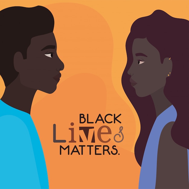 黒の生活と側面図の黒人女性と男性の漫画は 抗議の正義と人種差別のテーマのテキストデザインの問題 プレミアムベクター
