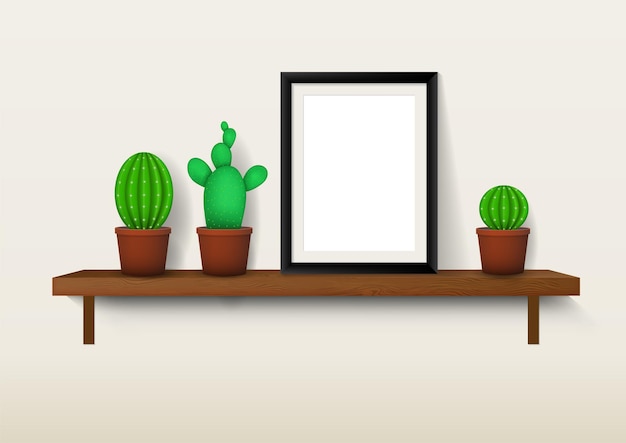 Premium Vector Black Wooden Photo Frame Mockup With Various Types Of Cactus And Succulent Plant On Shelves Interior Decoration