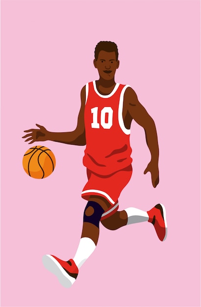 10番の赤いジャージを着てボールを弾いて跳ねる黒の若いバスケットボール選手 編集可能なイラスト プレミアムベクター