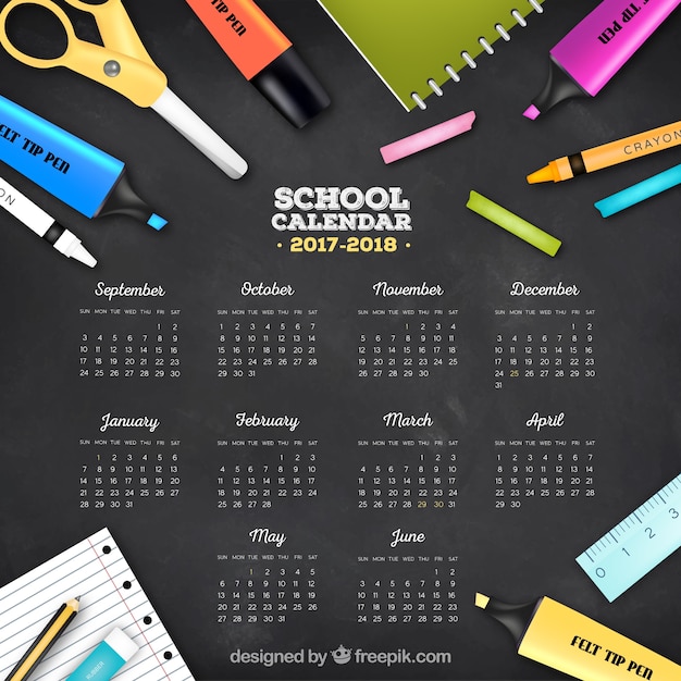 Blackboard background with calendar and school supplies Vector Free