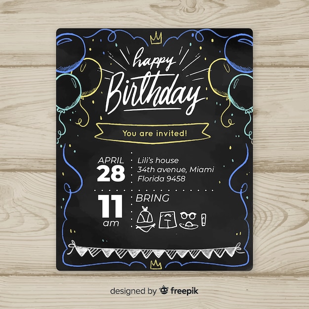 Download Blackboard balloons first birthday card template | Free Vector