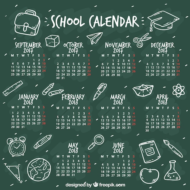 Blackboard school calendar with sketches Free Vector