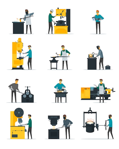 Blacksmith at work flat icons set with metal melting casting forging and hammering on anvil isolated Free Vector