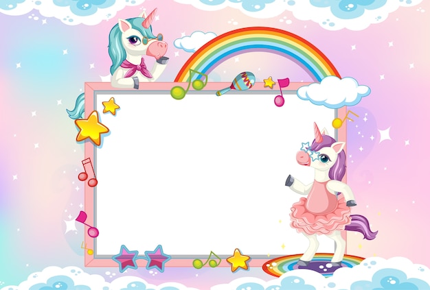 Free Vector Blank banner with cute unicorn in the pastel sky background